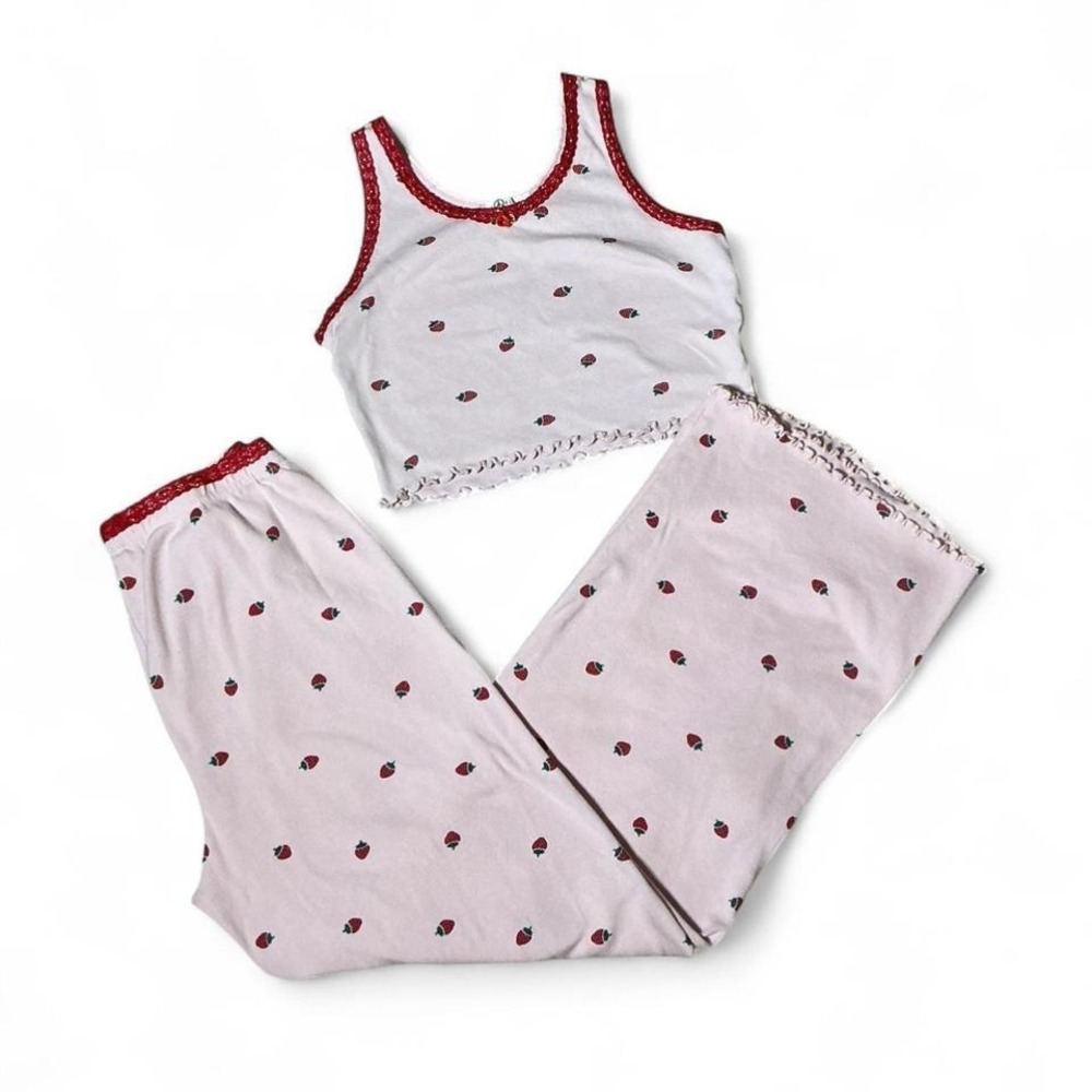 Y2K Pink Strawberry Print Pajama Set‎ Cotton Lace Trim Lettuce Edge Small